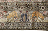 Load image into Gallery viewer, A close-up of an antique-style rug featuring two tan horses facing each other in a central field, flanked by ornate floral borders in beige, brown, navy, and red.
