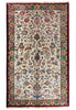 Load image into Gallery viewer, An ornate traditional Persian-style area rug with a cream-colored field, a central floral medallion, and a deep red border decorated with green, blue, and red floral motifs.