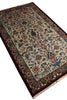 Load image into Gallery viewer, An ornate rectangular area rug with a cream center field, deep burgundy border, and intricate floral and vine motifs in blue, green, and rust red, shown on a plain white background.