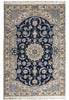 Load image into Gallery viewer, A traditional oriental-style area rug with a dark navy blue central field, cream and beige borders, and light blue floral details, shown flat against a white background.