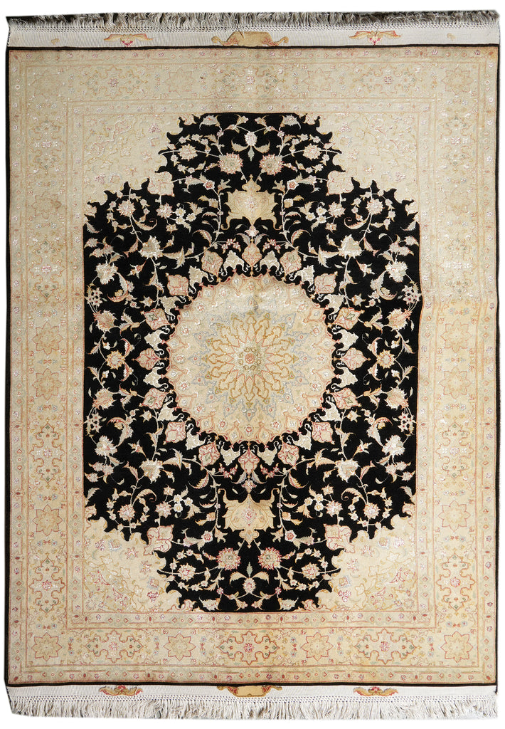 5 x 8 High Quality SIGNED Wool and Silk Persian Tabriz Rug BLACK 400 KPSI #PIX-26510