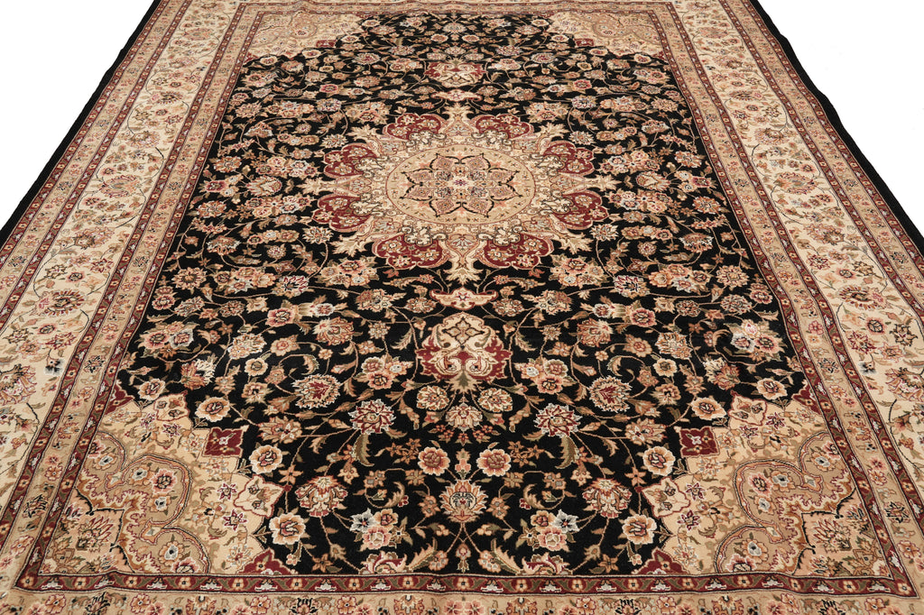 8.6 x 11.6 Wool and Silk Handmade Tabriz Rug Black #PIX-13158
