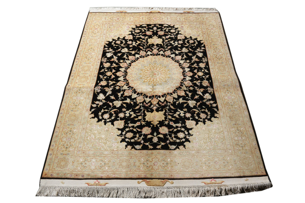 5 x 8 High Quality SIGNED Wool and Silk Persian Tabriz Rug BLACK 400 KPSI #PIX-26510