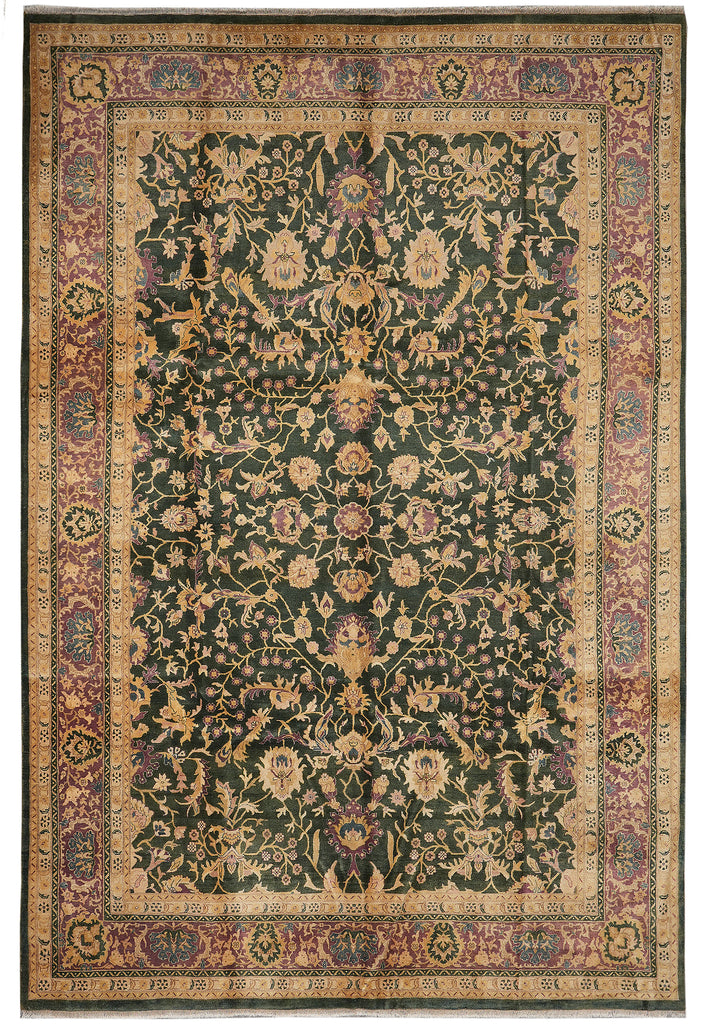 9.9 x 14 Quality Handmade Agra Rug Green and Lavander