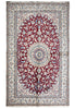 Load image into Gallery viewer, A traditional oriental area rug with a complex floral pattern, featuring a deep red central field, a cream and blue medallion, and a detailed multi-colored border.