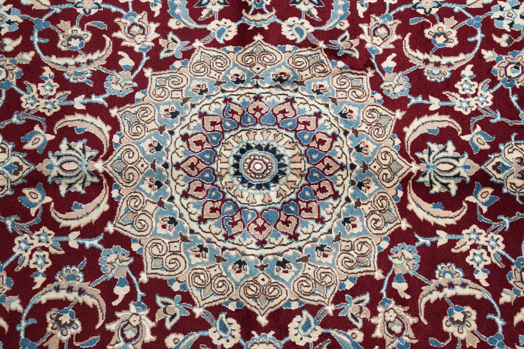 A close-up of a traditional Persian-style area rug featuring a central medallion and intricate floral motifs in deep red, cream, light blue, and brown.