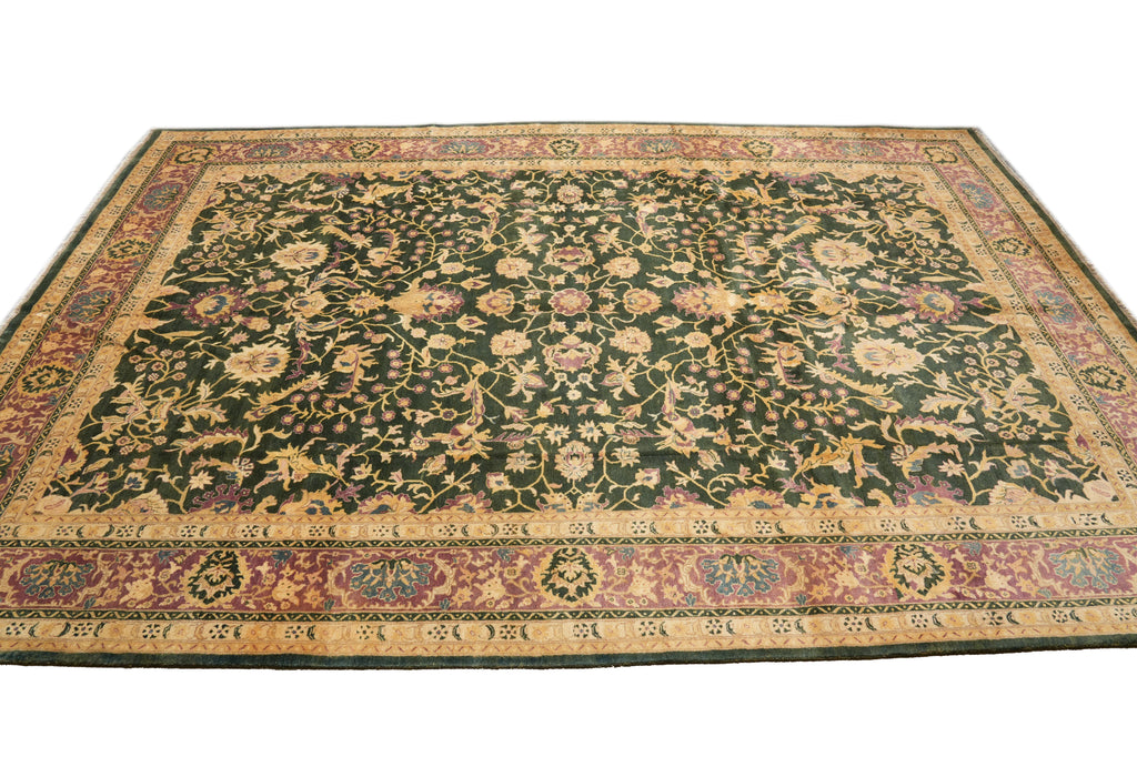 9.9 x 14 Quality Handmade Agra Rug Green and Lavander #PIX-8669