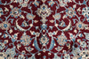 Load image into Gallery viewer, A close-up of an ornate patterned rug or textile with a deep burgundy background and cream and light blue floral and vine motifs.