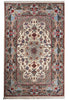 Load image into Gallery viewer, A traditional oriental-style area rug with an intricate floral and medallion pattern, featuring a cream center, red and blue borders, and cream fringe on the top and bottom.