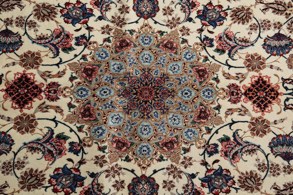 A close-up of an ornate traditional patterned rug with a central medallion and surrounding floral motifs in cream, blue, red, brown, and green.