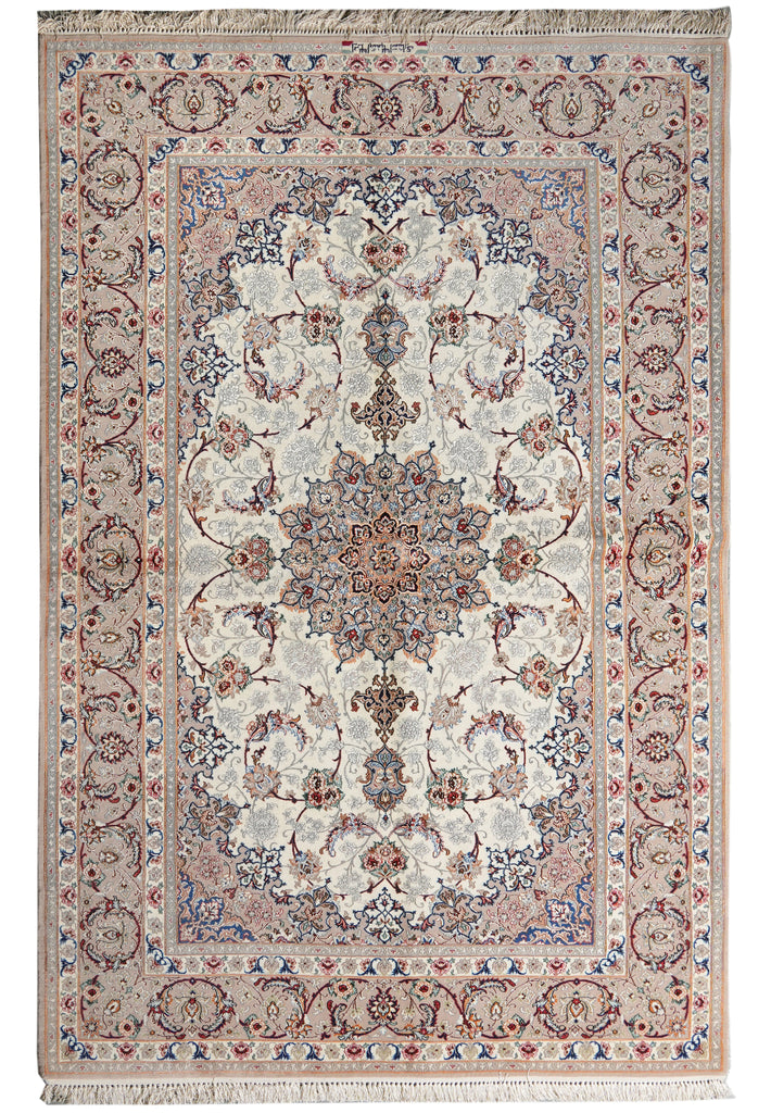 A traditional oriental area rug with an intricate floral and geometric pattern, featuring a central medallion, ornate borders, and fringed edges.