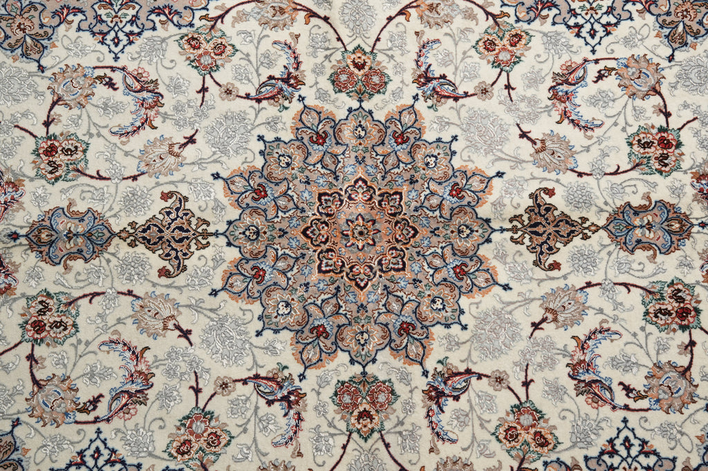 A close-up of an ornate traditional patterned rug with a central medallion and surrounding floral motifs in cream, blue, rust red, and brown.