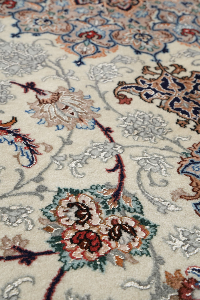 Close-up of an ornate floral patterned rug with cream, beige, blue, red, and green tones.