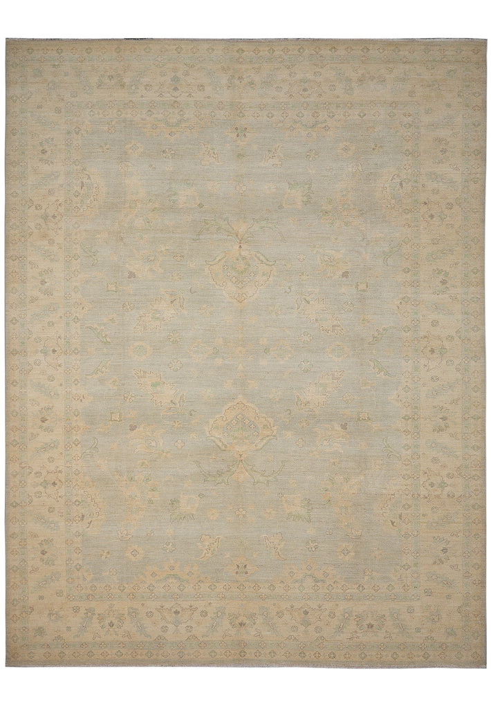 9 x 11.8 Soft Light Green Transitional Chobi Zigler Rug