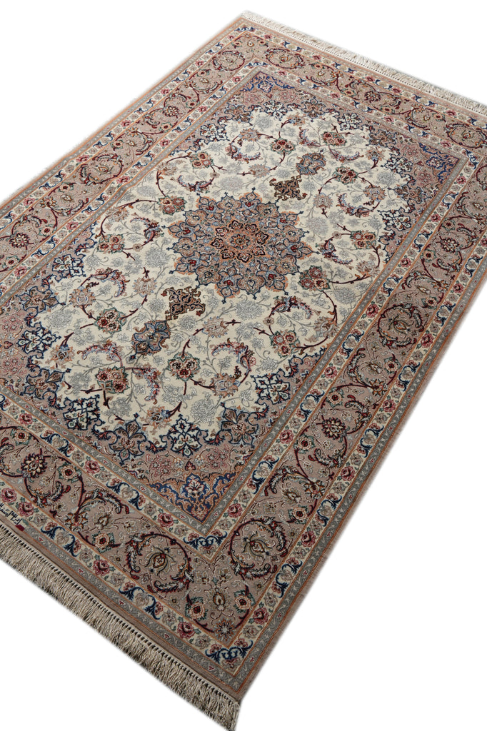 An oriental-style area rug with a traditional floral and vine pattern, featuring a central medallion and fringed edges, shown from an overhead angle on a white background.