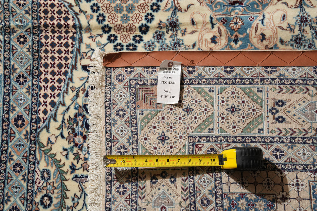 5 x 8 Authentic Signed Persian Green Nain Rug Wool and Silk Handmade Iran-#PIX-4241