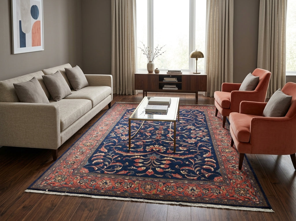 6.9 x 10 Navy Blue Fine Persian Sarouk Lilihan Rug 72723