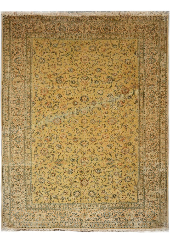 9.8 x 13.8 Semi-Antique Persian Kashan rug Gold Green #F-4304
