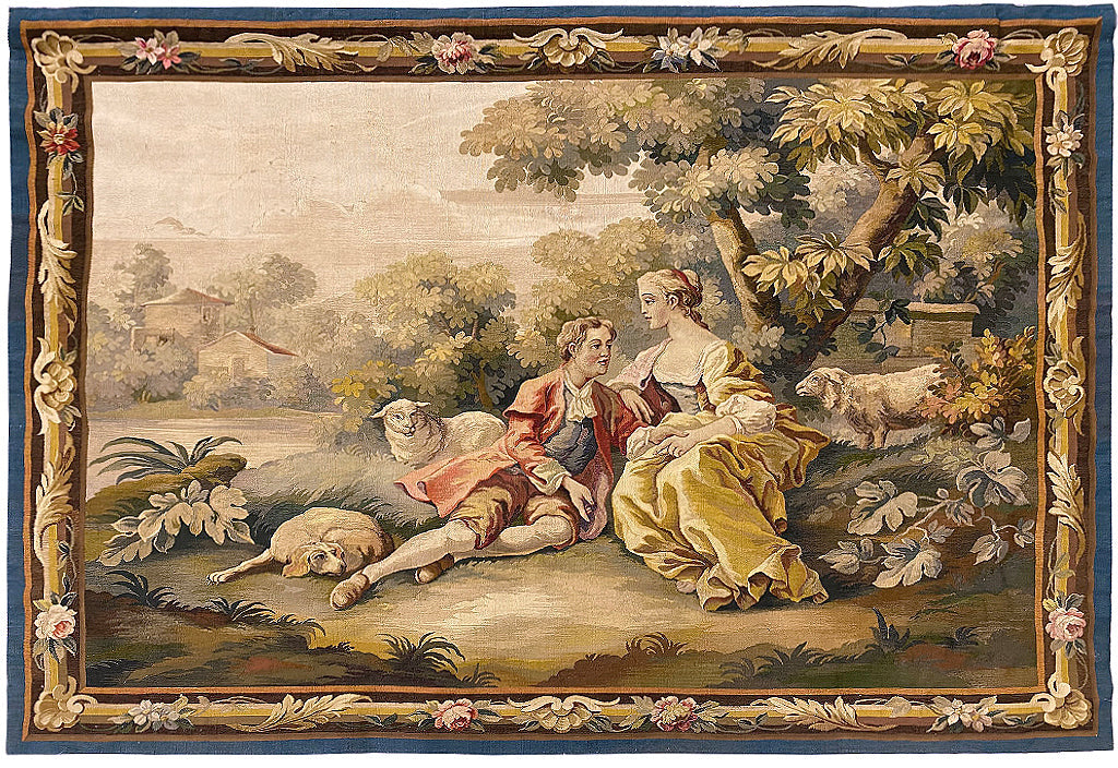 4.3 x 6 Authentic Antique Fine Hand 17th Century Stitched Tapestry Scenery Rug