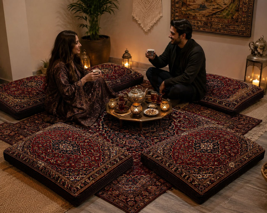 2 x 3 Twin Pair Of Authentic Persian Cushion Signed Upholstered Sitting Kashan Rug #F-3199
