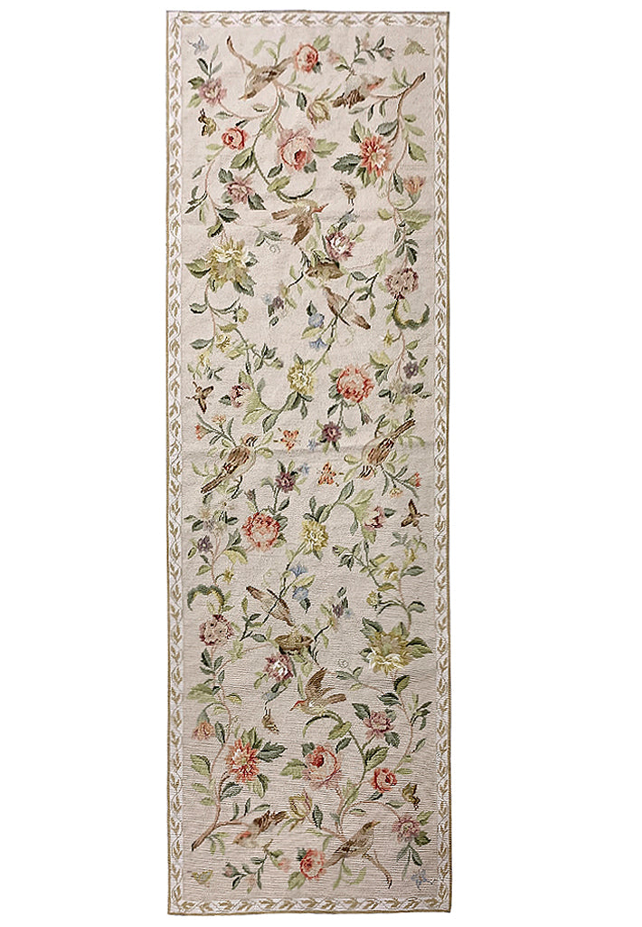 2.6 x 8.0 Runner Needle Point Flat Weave Wool BIRDS French Love #F-6917