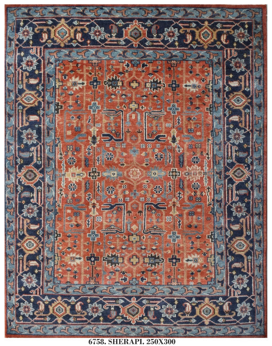 8x10 New Soltanabad Handmade Wool Rug in rich rust and blue colors, featuring traditional craftsmanship and elegant patterns, perfect for adding warmth and style to any room.
