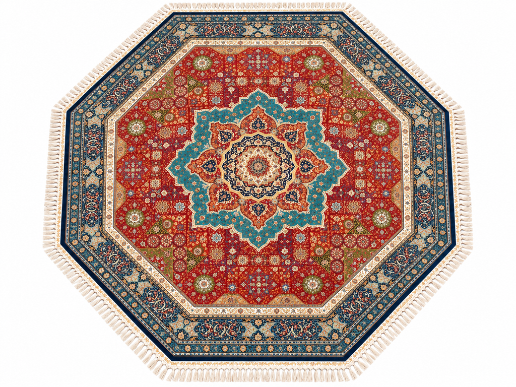 8 x 8 Octagon Chinese Handmade Silk Rug Rust & Teal Medallion #23Mad