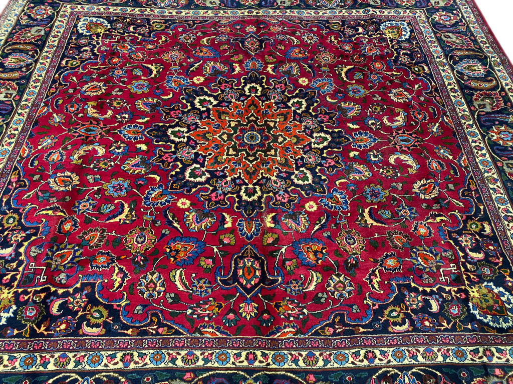 9.8 x 10.3 Square Persian Rug Signed Traditional Burgundy Blue