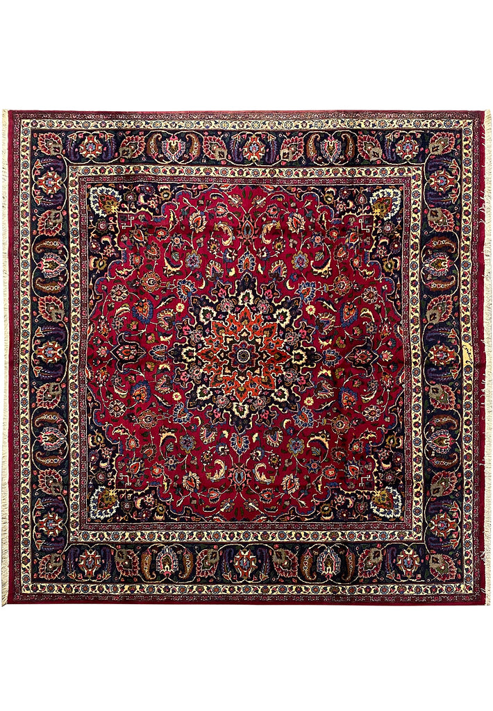 9.8 x 10.3 Square Persian Rug Signed Traditional Burgundy Blue