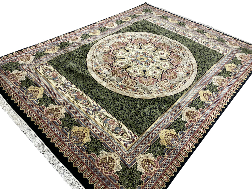 9.2 x 12.5 High Quality French Aubusson Savanerie Wool Rug 200 KPSI BLACK GREEN #F-6404