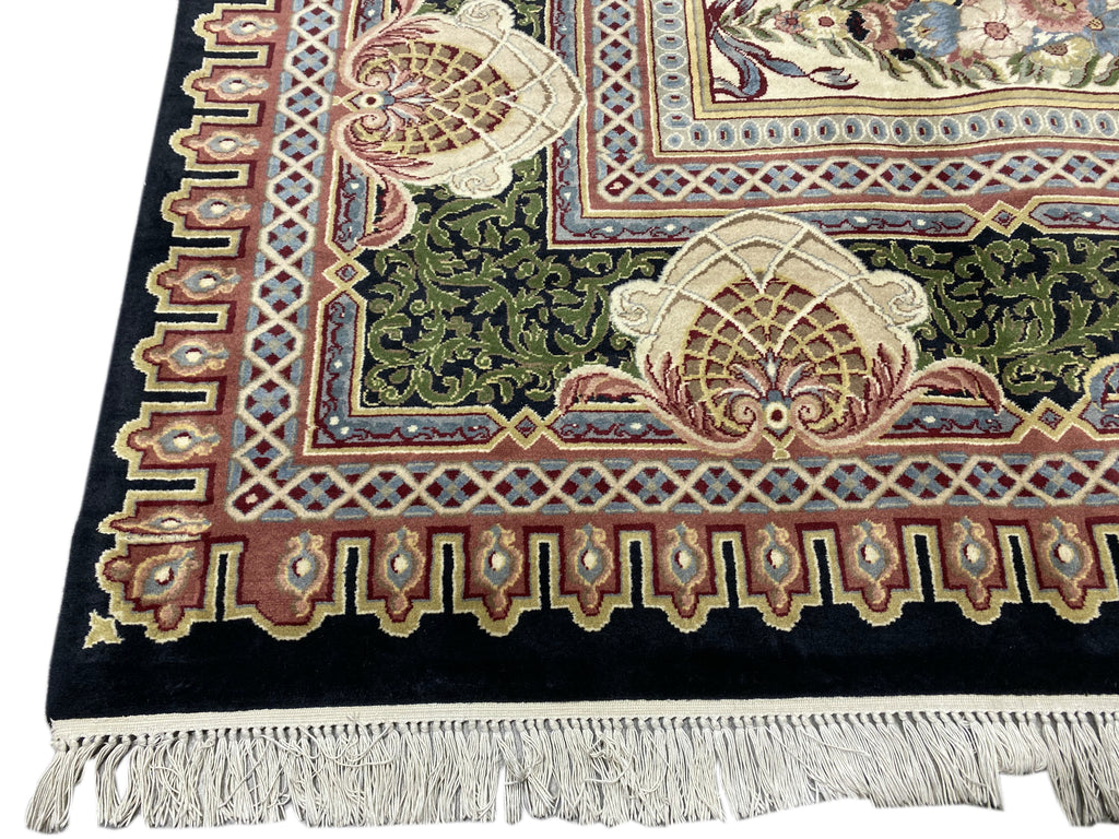 9.2 x 12.5 High Quality French Aubusson Savanerie Wool Rug 200 KPSI BLACK GREEN #F-6404