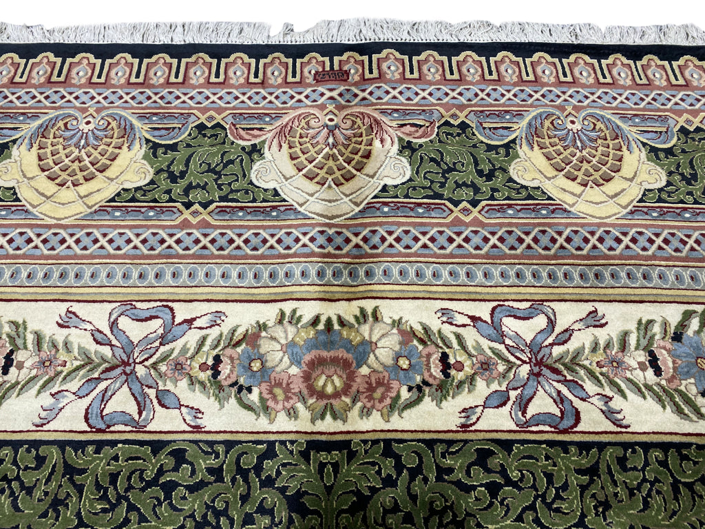 9.2 x 12.5 High Quality French Aubusson Savanerie Wool Rug 200 KPSI BLACK GREEN #F-6404