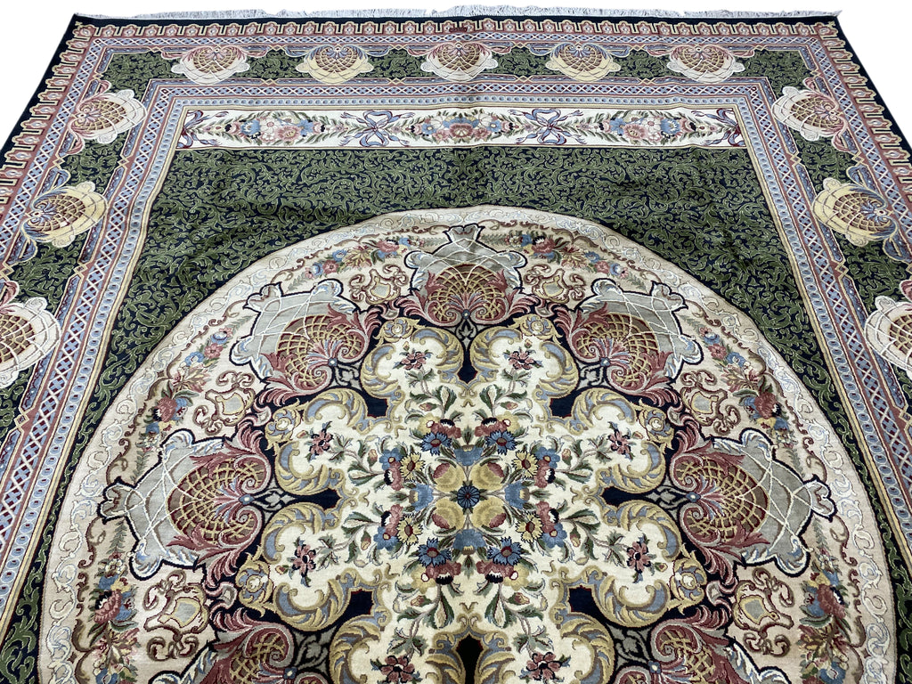 9.2 x 12.5 High Quality French Aubusson Savanerie Wool Rug 200 KPSI BLACK GREEN #F-6404