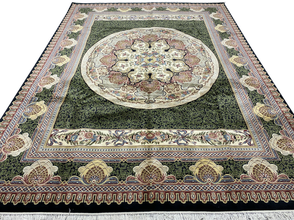 9.2 x 12.5 High Quality French Aubusson Savanerie Wool Rug 200 KPSI BLACK GREEN #F-6404