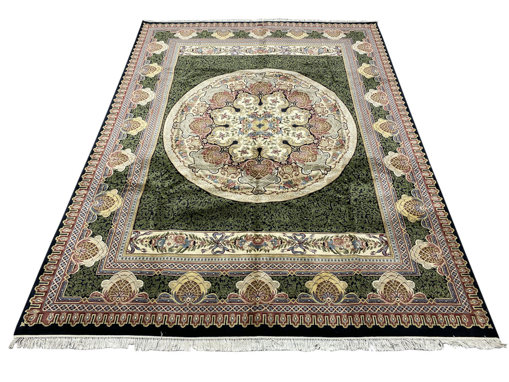 9.2 x 12.5 High Quality French Aubusson Savanerie Wool Rug 200 KPSI BLACK GREEN #F-6404