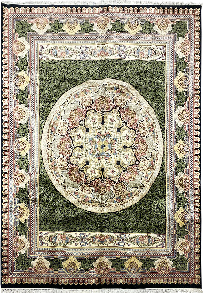 9.2 x 12.5 High Quality French Aubusson Savanerie Wool Rug 200 KPSI BLACK GREEN #F-6404