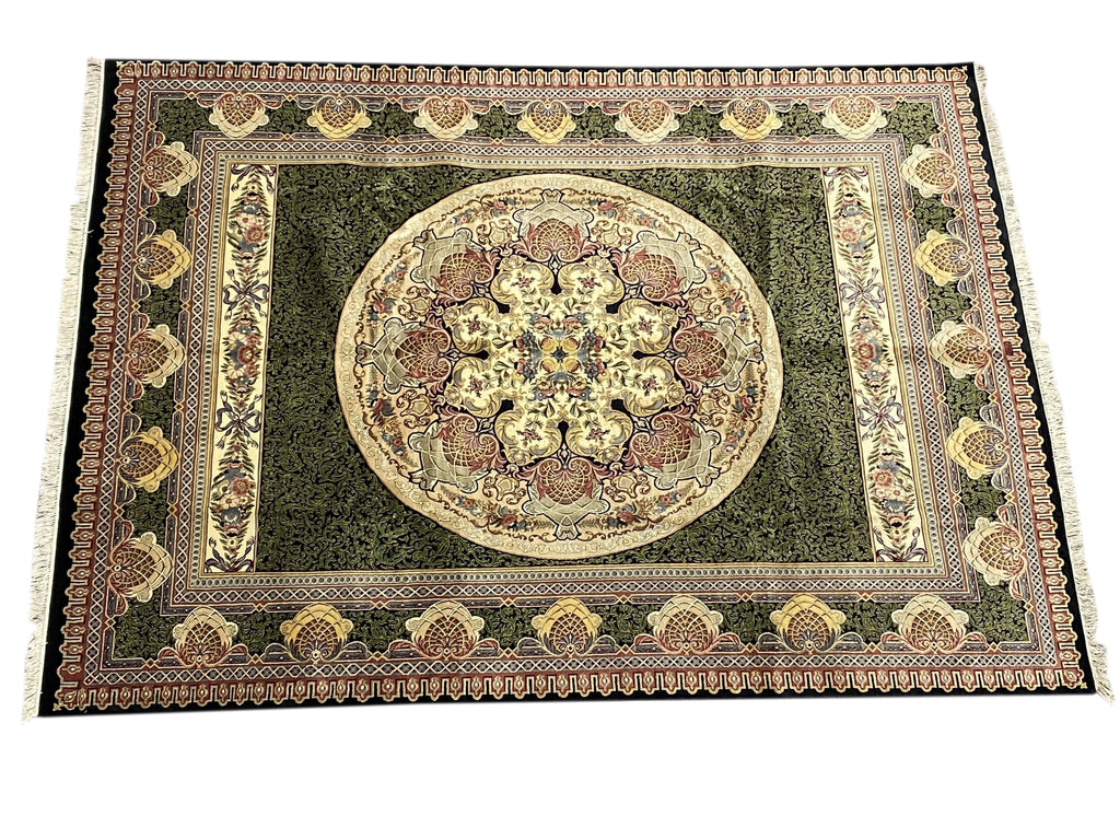 9.2 x 12.5 High Quality French Aubusson Savanerie Wool Rug 200 KPSI BLACK GREEN #F-6404