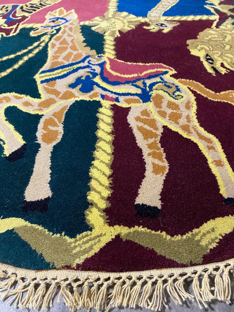 5 x 5  Circular Carousel Animal Rug - Vibrant Four-Quadrant Carnival Medallion Round Carpet #PIX-16170