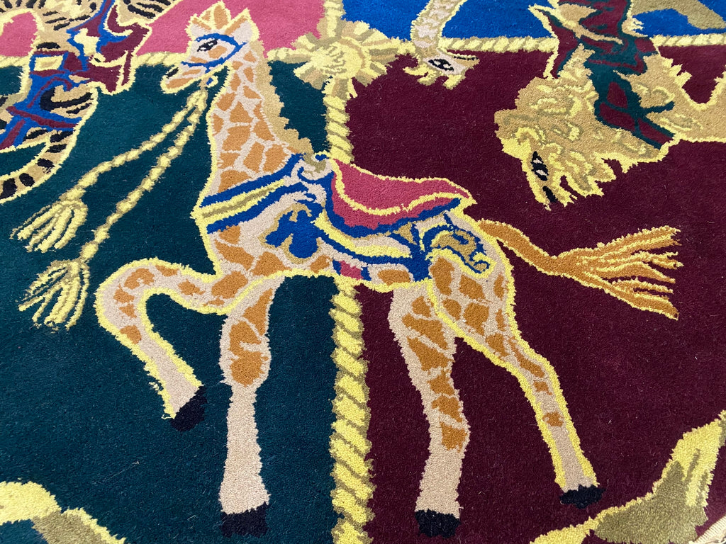 5 x 5  Circular Carousel Animal Rug - Vibrant Four-Quadrant Carnival Medallion Round Carpet #PIX-16170