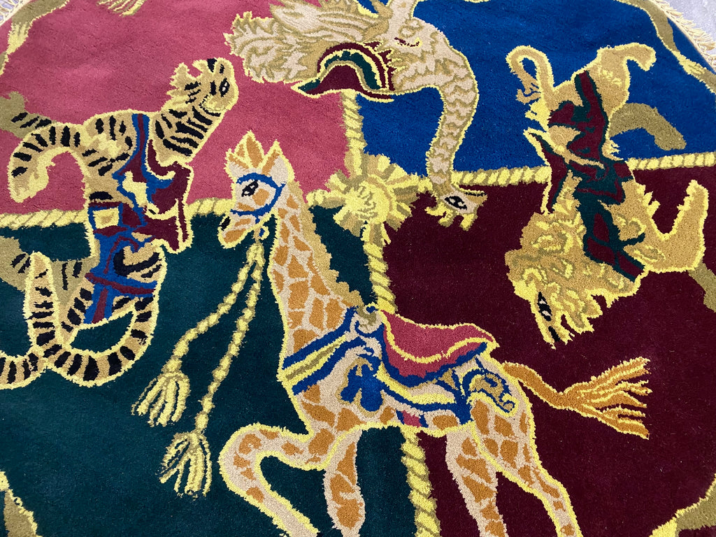 5 x 5  Circular Carousel Animal Rug - Vibrant Four-Quadrant Carnival Medallion Round Carpet #PIX-16170