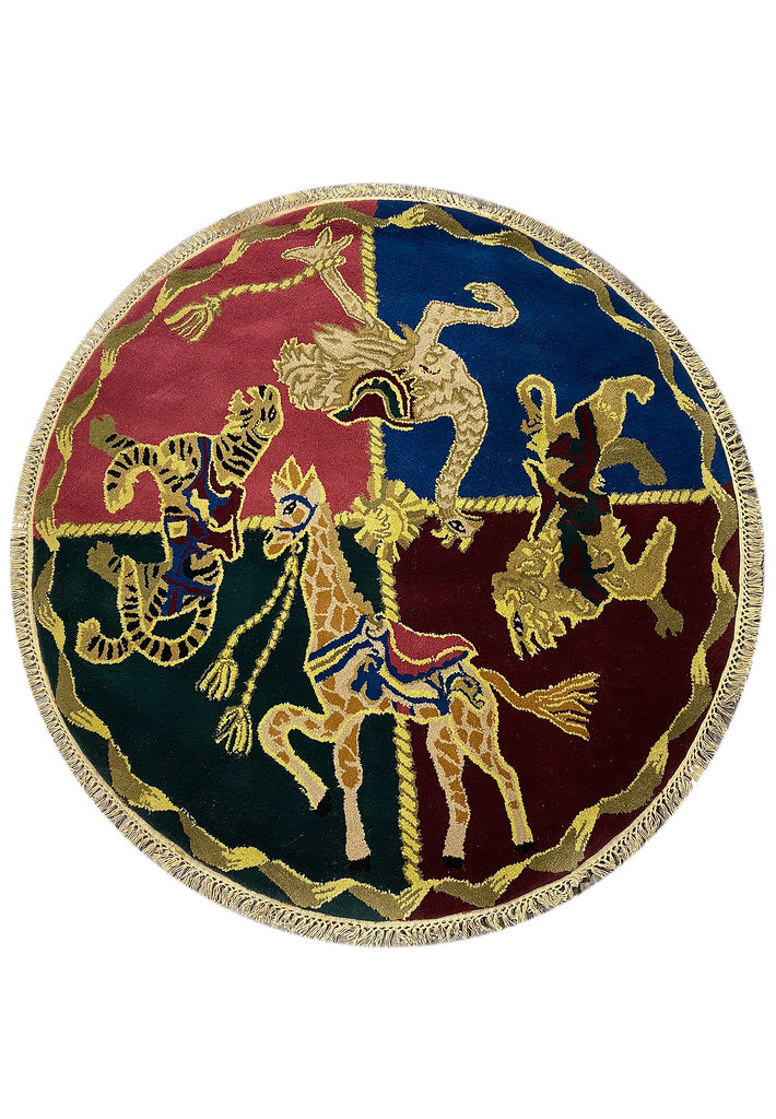Handcrafted Circular Carousel Animal Rug - Vibrant Four-Quadrant Carnival Medallion