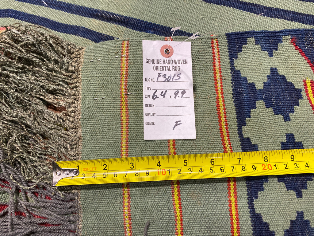 6.4 x 9.9 Green Tribal Persian Flat Weave Wool Kilim Rug #F-3015