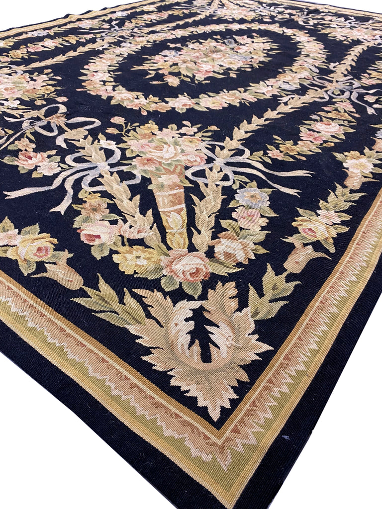 6 x 9 BLACK French Aubusson Needle Point Rug #F-3016