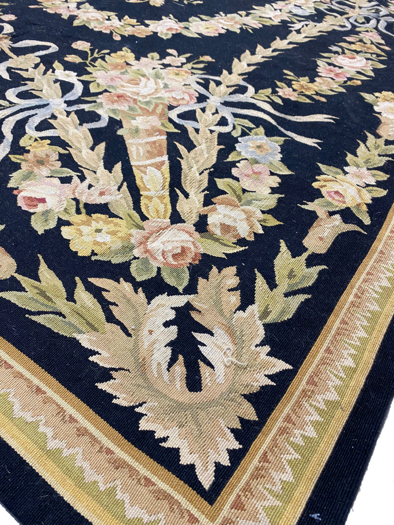 6 x 9 BLACK French Aubusson Needle Point Rug #F-3016