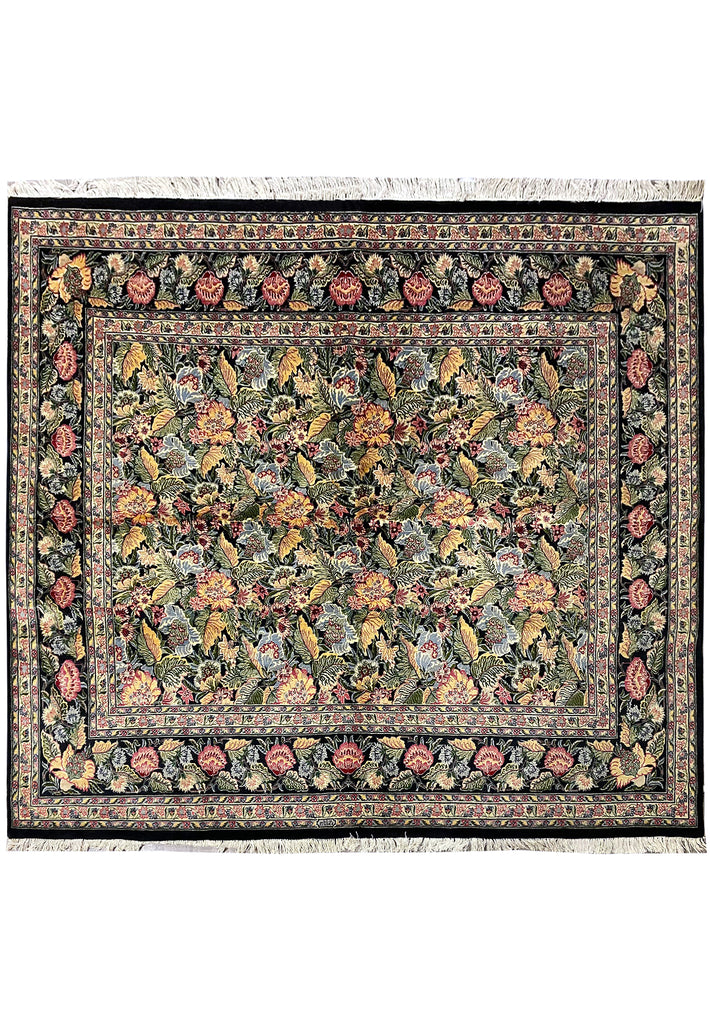 8 x 7.3 Green Signed Persian Wool and Silk Rug 16010