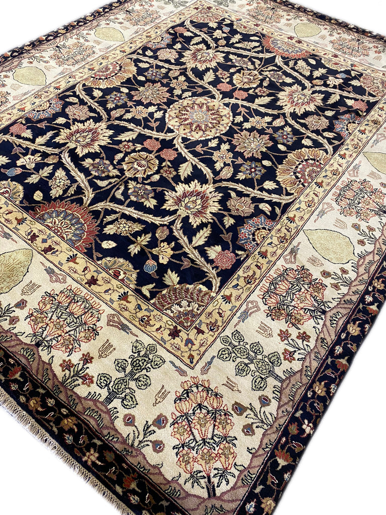 8 x 10 BLACK Agra Rug William Morris Natural Wool #F-6442