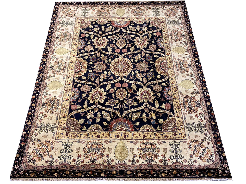 8 x 10 BLACK Agra Rug William Morris Natural Wool #F-6442