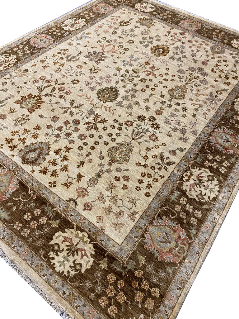 8.0 x 10 Agra Quality Wool Handmade Rug Beige Olive Green #F-6461