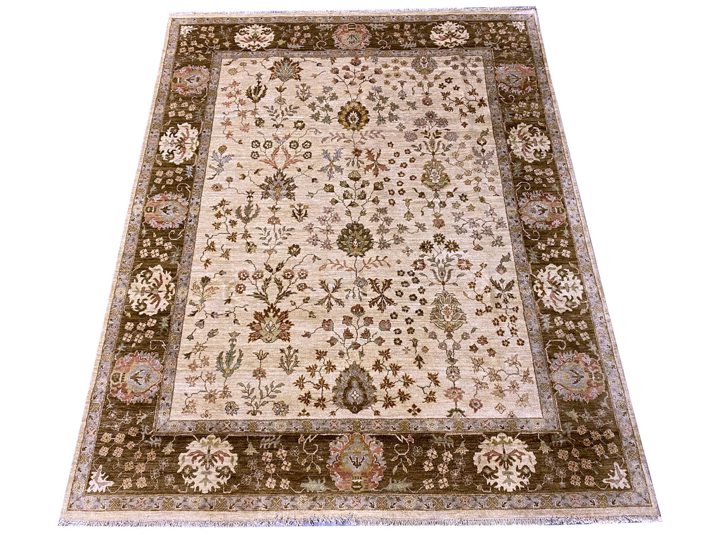 8.0 x 10 Agra Quality Wool Handmade Rug Beige Olive Green #F-6461
