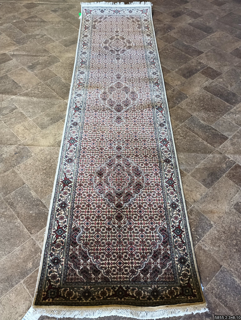 2.3 x 8.10 Hand-Knotted Wool and Silk Mahi Tabriz Carpet #F-5855